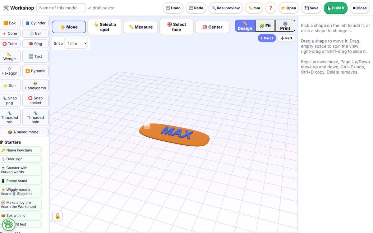 A name keychain designed in the KidCAD Workshop